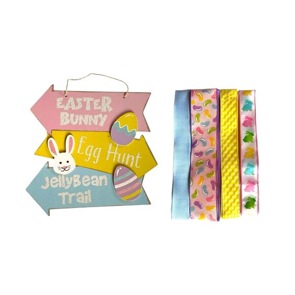 DIY Jelly Bean Easter Wreath Making Kit, Bunny Trail Sign Ribbon Bundle Set - Picture 1 of 5